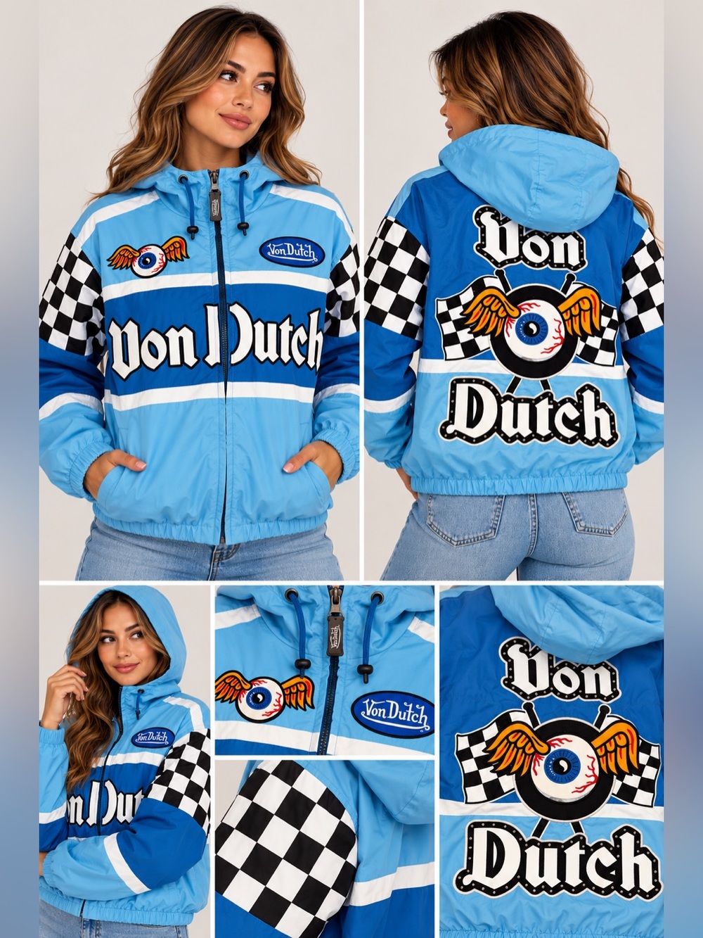 Von Dutch Light and Medium Blue Racing Hooded women’s Jacket medium
